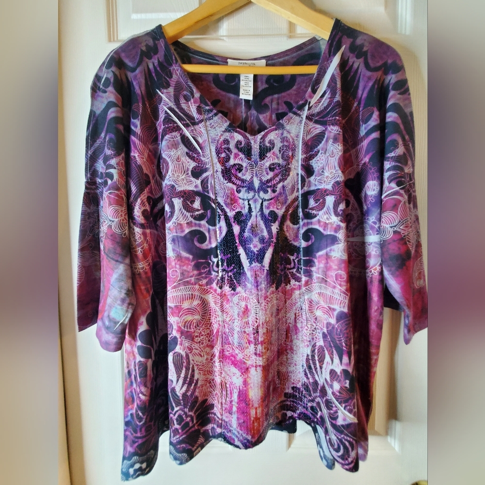 Like New Style & Co. 1X Abstract Pink/Purple/Blue Print 3/4 Sleeve Top